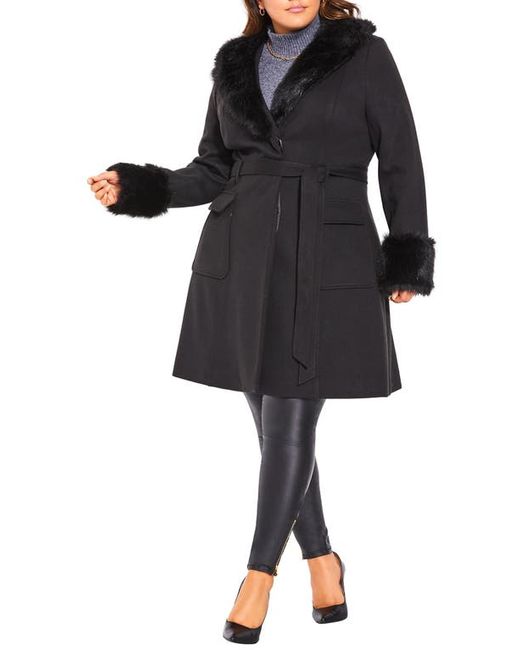 City Chic Make Me Blush Belted Coat with Faux Fur Trim in at