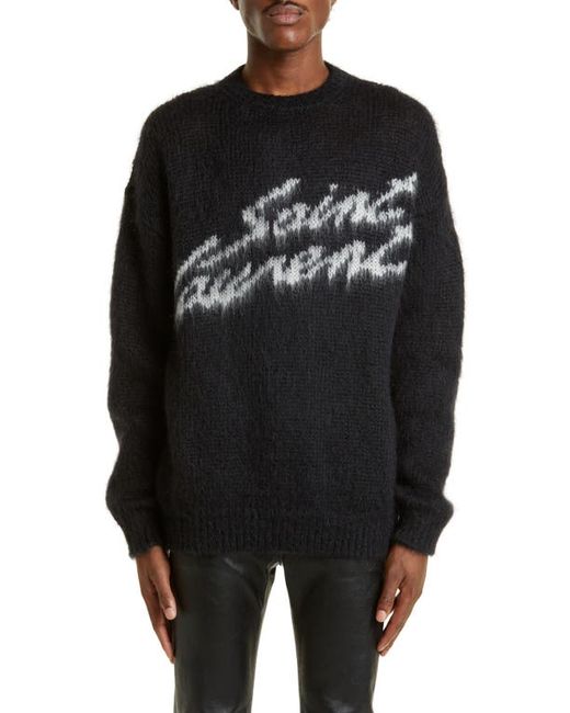 Saint Laurent Signature Mohair Blend Crewneck Sweater in Noir/Naturel at