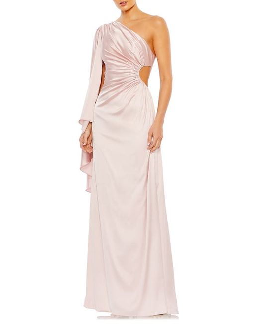 Ieena for Mac Duggal Drape Sleeve One-Shoulder Satin A-Line Gown in at