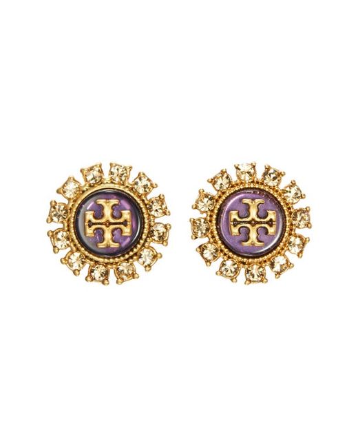 Tory Burch Kira Crystal Stud Earrings in Antique Brass/Purple Multi at