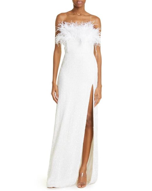Retrofête Dolly Beaded Feather Trim Strapless Maxi Dress in at