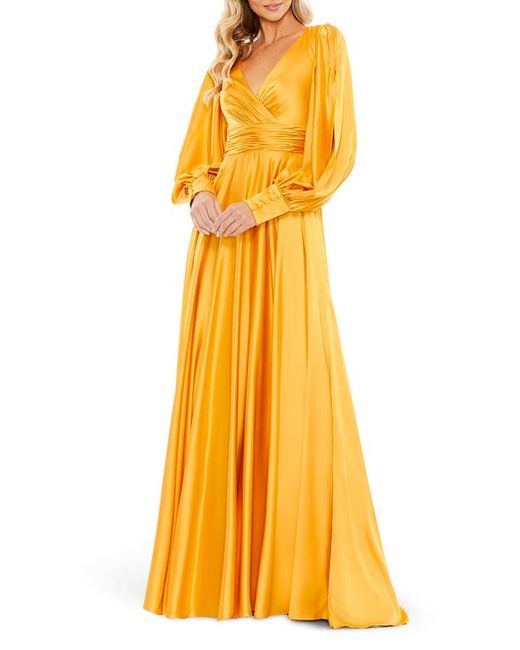 Mac Duggal Split Long Sleeve Satin A-Line Gown in at