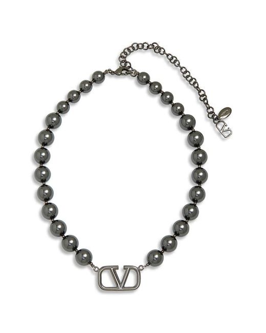 Valentino Garavani VLOGO Signature Swarovski Pearl Necklace in Ruthenium/Crystal at