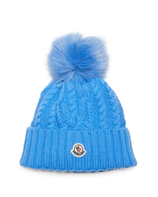 Moncler Virgin Wool Cashmere Rib Beanie with Faux Fur Pompom in at
