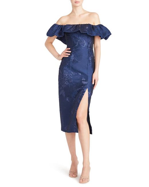 Monique Lhuillier Floral Print Metallic Off The Shoulder Ruffle Trim Midi Dress in at