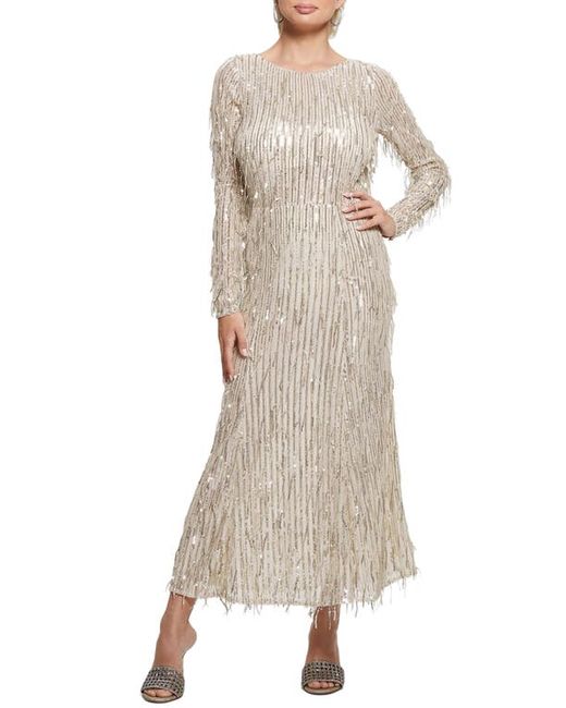 Guess Elodie Sequin Fringe Long Sleeve Mesh Maxi Dress in at
