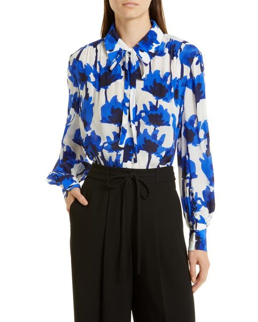 Jason Wu Floral Tie Neck Chiffon Blouse in Chalk/Blue Multi at