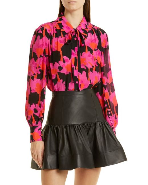 Jason Wu Floral Tie Neck Chiffon Blouse in Black/Pink Multi at