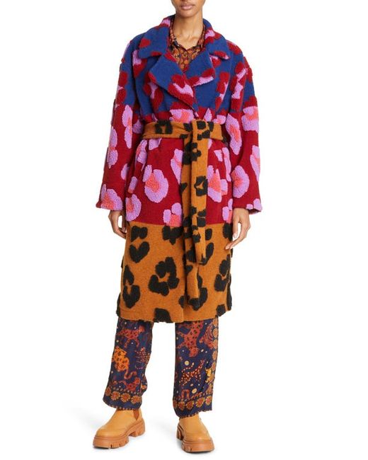 Farm Rio Mixed Leopard Spot Belted Fleece Coat in Blue/red/Pink Multi at