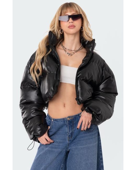 Edikted Dusk Crop Faux Leather Puffer Jacket in at