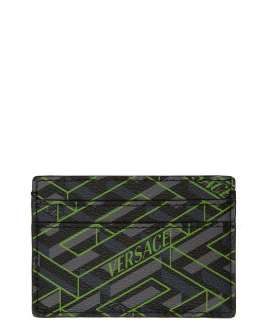 Versace La Greca Monogramme Faux Leather Card Case in Black/Grey/Lime at