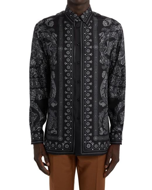 Versace Baroque Studded Silk Button-Up Shirt in Black at