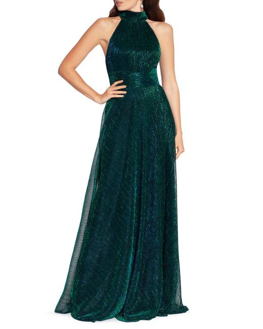 Betsy & Adam Metallic Sleeveless Halter Neck Open Back Gown in at