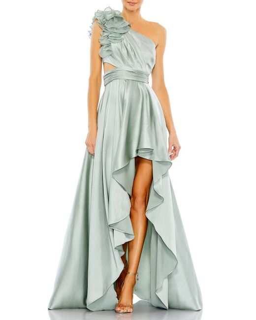 Ieena for Mac Duggal Ruffle One-Shoulder High-Low Satin Gown in at