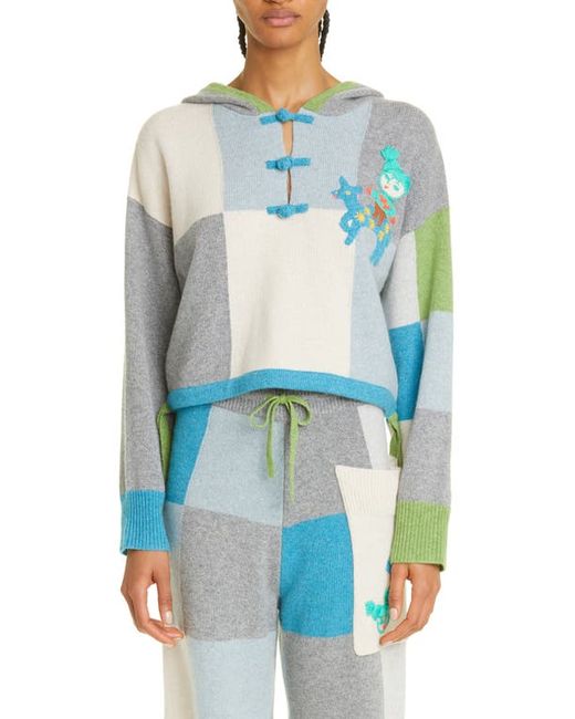 Yanyan Embroidered Colorblock Check Wool Hooded Sweater in Blue at