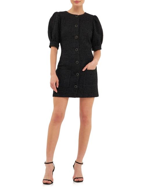 Endless Rose Puff Sleeve Tweed Button-Up Minidress in at