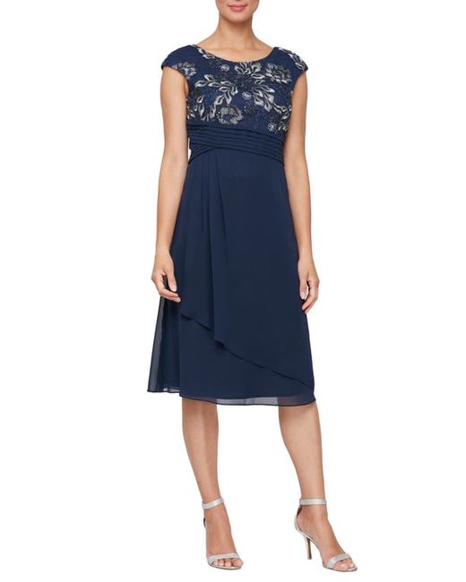 Alex Evenings Embroidered Bodice A-Line Cocktail Dress in Navy at