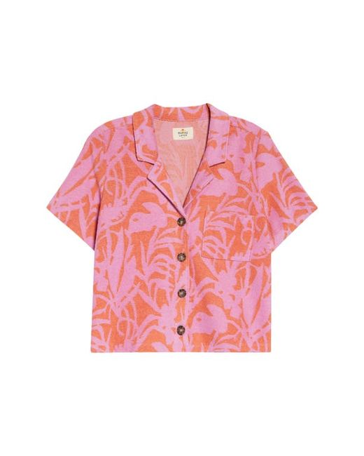 Marine Layer Tropical Print Terry Cloth Camp Shirt in Orange/Lavender at