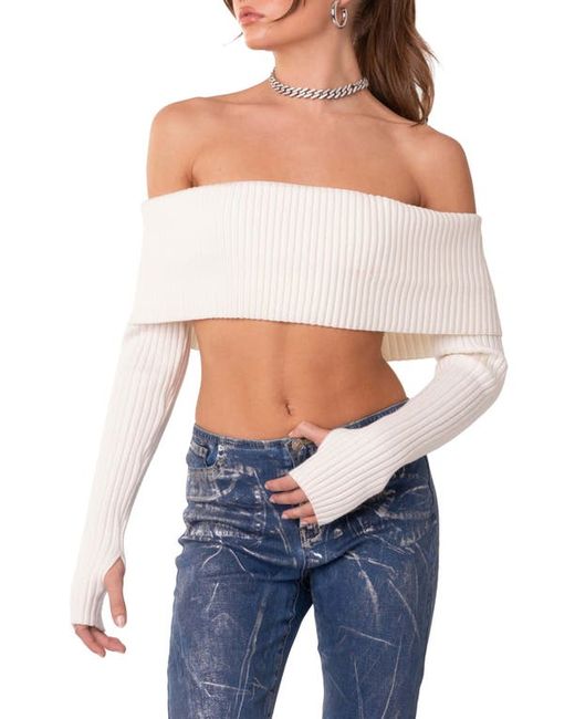 Edikted Astrea Foldover Off the Shoulder Crop Sweater in at