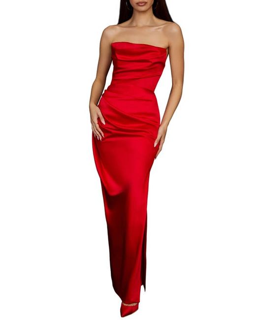 House Of Cb Adrienne Gathered Satin Strapless Gown in at