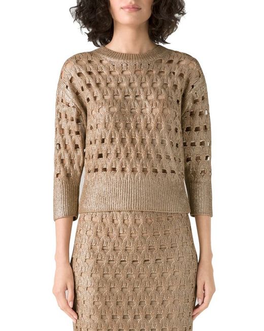 St. John Evening Metallic Openwork Cable Sweater in Camel/Gold at