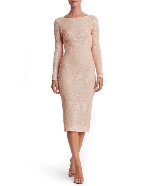 Dress the population Emery Long Sleeve Sequin Cocktail Dress in Peach/Nude at