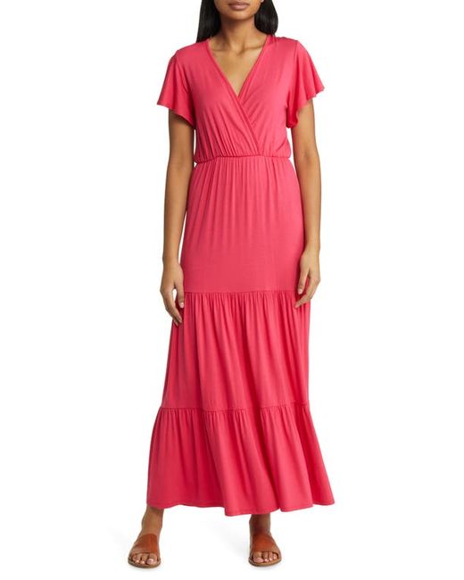 Loveappella Tiered Faux Wrap Knit Maxi Dress in at