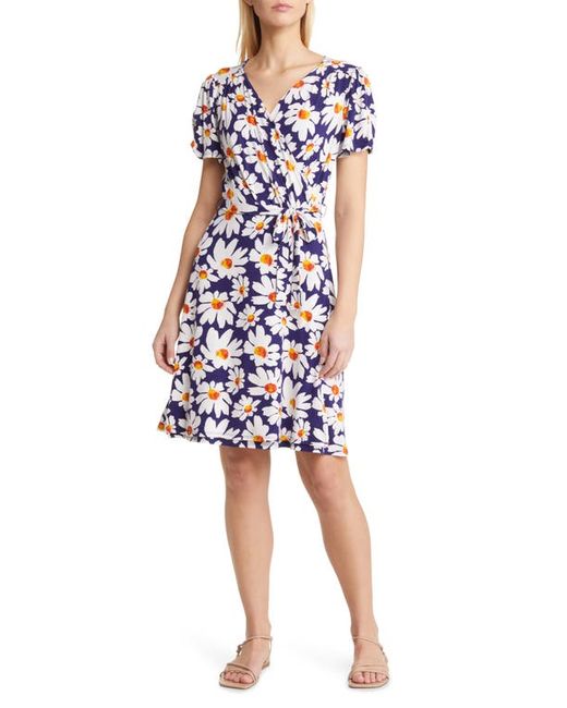 Loveappella Floral Faux Wrap Knit Dress in Navy/Ivory at