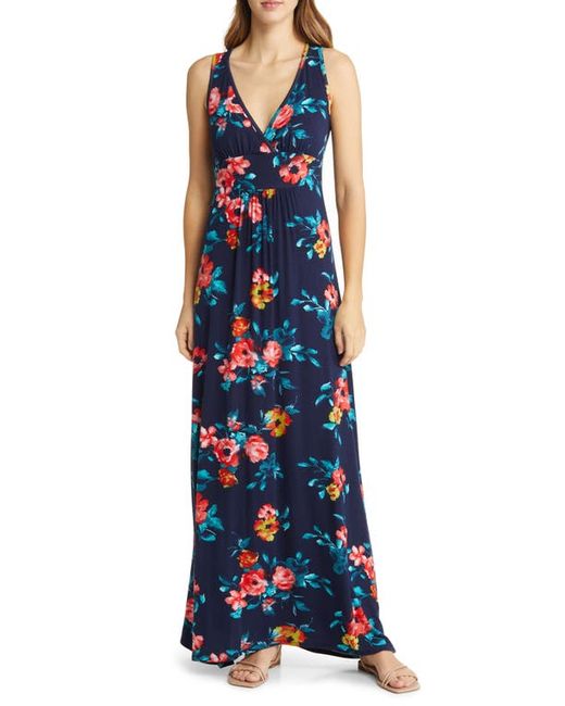 Loveappella Floral Print Sleeveless Jersey Maxi Dress in Navy/Coral at