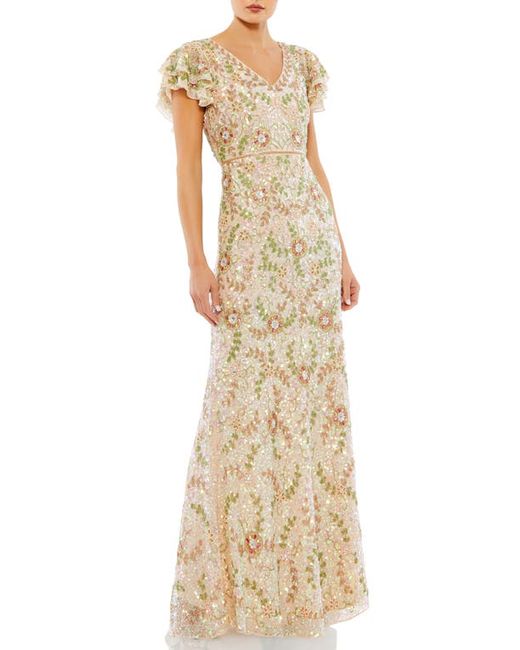 Mac Duggal Floral Beaded Flutter Sleeve Sheath Gown in at