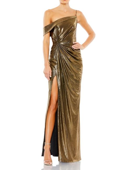 Ieena for Mac Duggal Asymmetric Metallic Wrap Front Gown in at