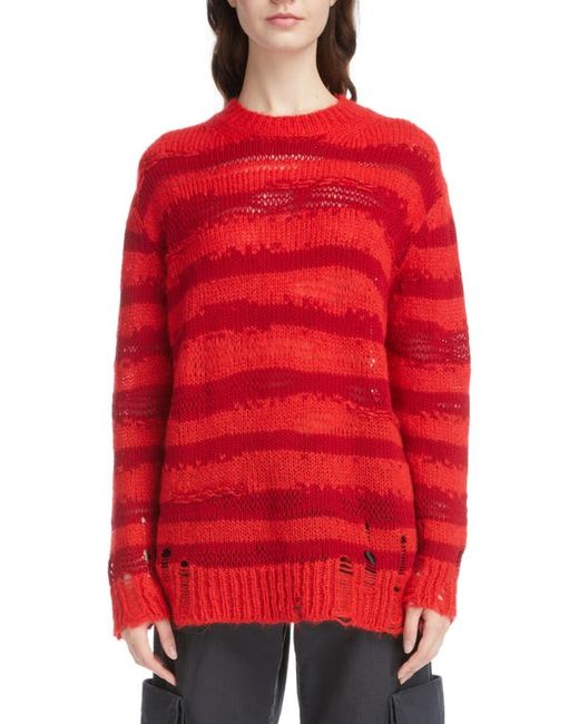 Acne Studios Karita Distressed Stripe Open Knit Cotton Mohair Wool Blend Sweater in Deep at