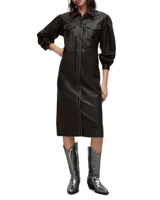 AllSaints Ava Long Sleeve Leather Shirtdress in at