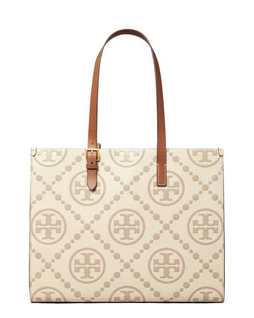 Tory Burch T Monogram Contrast Embossed Leather Tote in Longan New Cream at