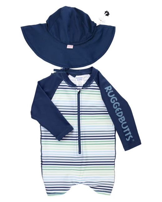 RuggedButts Coastal Stripe One-Piece Rashguard Swimsuit Hat Set in at