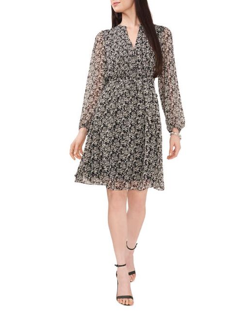 Chaus Floral Pintuck Long Sleeve Tie Waist Shirtdress in Black/Ivory at