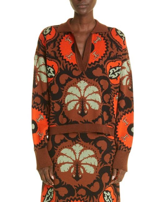 Johanna Ortiz Whimsical Tropical Jacquard Pima Cotton Sweater in Suzani Palm Mist/Tabaco at