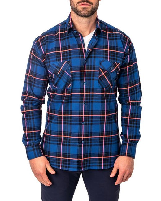 Maceoo Plaid Embroidered Cotton Flannel Button-Up Shirt in at