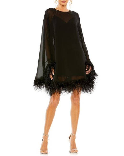 Mac Duggal Long Sleeve Feather Trim Trapeze Minidress in at