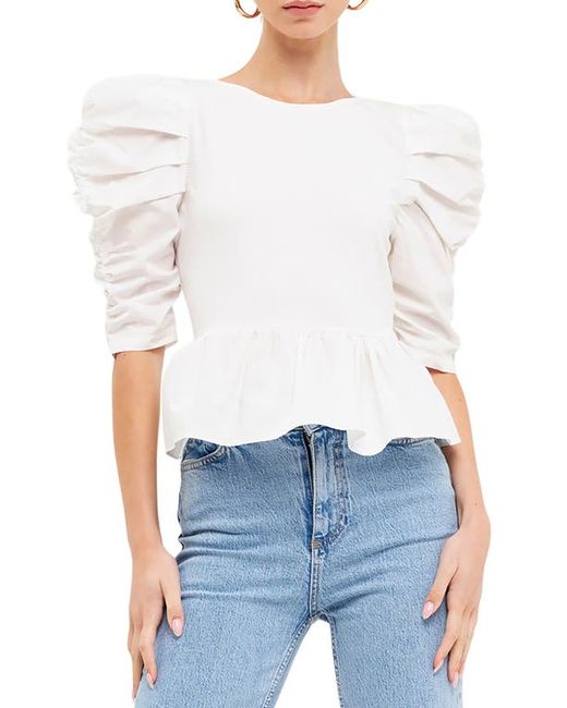 English Factory Pleated Puff Sleeve Peplum Blouse in at