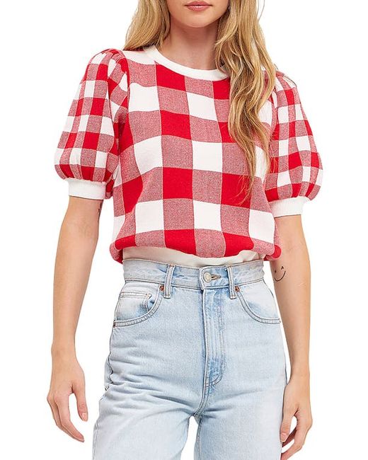 English Factory Gingham Puff Sleeve Sweater in at