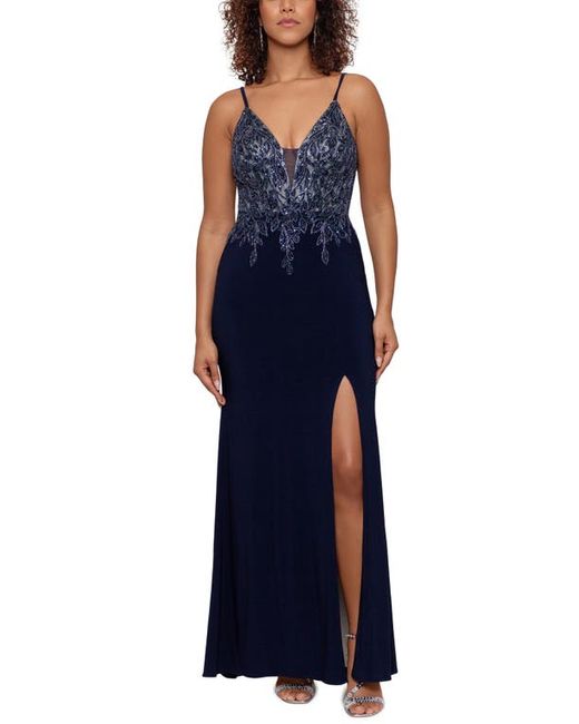 Xscape Beaded Bodice Sheath Gown in Navy/Ivory at