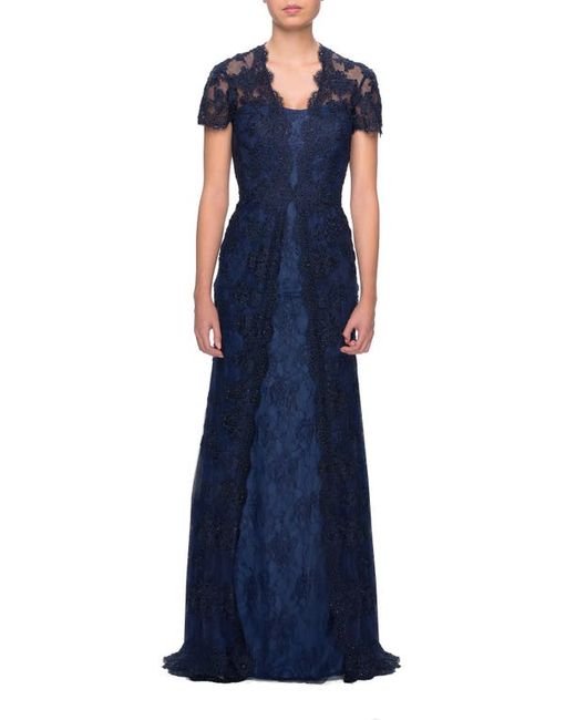 La Femme Beaded Lace A-Line Gown in at