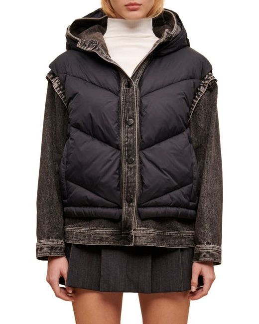 Maje Bacilly Denim Trim Hooded Puffer Jacket in at