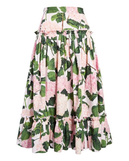 Oscar de la Renta Hydrangea Print Pleated Tiered Stretch Cotton Maxi Skirt in at