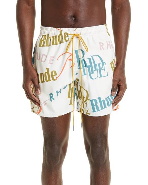 Rhude Mash-Up Logo Print Swim Trunks in Creme/Multi at