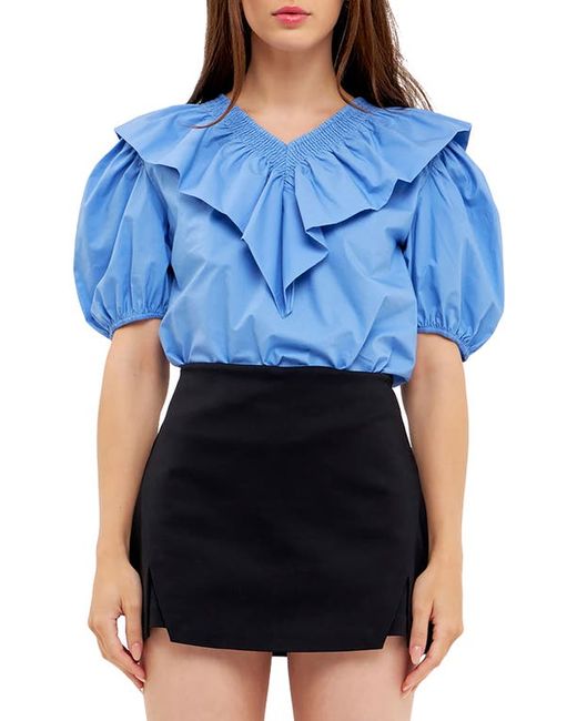 English Factory Smocked Ruffle Puff Sleeve Cotton Blouse in at