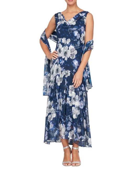 Alex Evenings Floral Cowl Neck A-Line Dress with Shawl in at