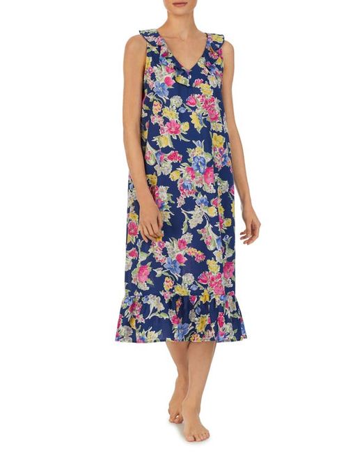 Lauren Ralph Lauren Floral Ruffle Sateen Nightgown in Navy/Prt at