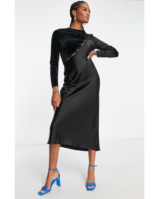 Asos Design Long Sleeve Velvet Satin Midi Dress in at